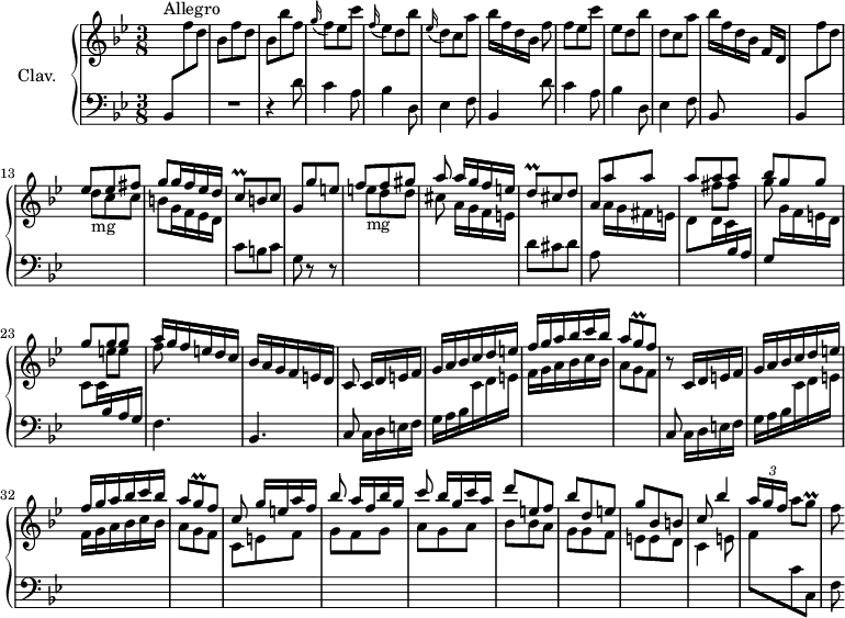 
\version "2.18.2"
\header {
  tagline = ##f
  % composer = "Domenico Scarlatti"
  % opus = "K. 155"
  % meter = "Allegro"
}

%% les petites notes
trillCq       = { \tag #'print { c8\prall  } \tag #'midi { d32 c d c } }
trillGq       = { \tag #'print { g8\prall  } \tag #'midi { a32 g a g } }
trillDq       = { \tag #'print { d8\prall  } \tag #'midi { e32 d e d } }

upper = \relative c'' {
  \clef treble 
  \key bes \major
  \time 3/8
  \tempo 4. = 76
  \set Staff.midiInstrument = #"harpsichord"
  \override TupletBracket.bracket-visibility = ##f

      s8*0^\markup{Allegro}
      s4. | bes8 f' d | bes bes' f | \appoggiatura g16 f8 ees c' | \appoggiatura f,16 ees8 d bes' | \appoggiatura ees,16 d8 c a' |
      % ms. 7
      bes16[ f d bes] f'8 | f ees c' | ees, d bes' | d, c a' | bes16  f d bes f[ d] | s4. | \stemUp 
      % ms. 13
      ees'8 ees fis | g8 g16 f ees d | \trillCq b8 c | g g' e | f f gis  | a a16[ g f e] | 
      % ms. 19
      \trillDq cis8 d | a a' a | << { a8 a a | bes g g | g g g | a16 g f e d c } \\ { s8 fis fis | g s4 | s8 e8 e | f } >>
      % ms. 25
      bes,16 a g f e d | c8  c16[ d e f] | g a bes c d e | f g a bes c bes | a8 \trillGq f8 | r8  c,16[ d e f] |
      % ms. 31
      g16 a bes c d e | f g a bes c bes | a8 \trillGq f8 | c8 g'16[ e a f] | bes8 a16[ f bes g] | c8 bes16[ g c a] |
      % ms. 37
      d8 e, f | bes d, e | g bes, b | c bes'4 | \times 2/3 { a16[ g f] } \stemDown a8 \trillGq | f8 

}

lower = \relative c' {
  \clef bass
  \key bes \major
  \time 3/8
  \set Staff.midiInstrument = #"harpsichord"
  \override TupletBracket.bracket-visibility = ##f

    % **************************************
      bes,8 \stemDown \change Staff = "upper" f''' d | \stemNeutral \change Staff = "lower" R4. | r4 d,8 | c4 a8 | bes4 d,8 | ees4 f8 |
      % ms. 7
      bes,4 d'8 | c4 a8 | bes4 d,8 | ees4 f8 | bes,8 s4 | bes8 \stemDown \change Staff = "upper" f''' d | 
      % ms. 13
      d8-\markup{mg} c c | b g16 f ees d | \stemNeutral \change Staff = "lower" c8 b c | g r8 r8 | \stemDown \change Staff = "upper" e''8-\markup{mg} d d | cis a16[ g f e] | \stemNeutral \change Staff = "lower"
      % ms. 19
      d8 cis d | a8 \stemDown \change Staff = "upper"  a'16[ g fis e] | d8 d16 c \stemUp \change Staff = "lower" bes a | g8 \stemDown \change Staff = "upper" g'16 f e d | c8 c16 \stemUp \change Staff = "lower" bes a g | \stemNeutral f4. |
      % ms. 25
      bes,4. | \repeat unfold 2 { \stemNeutral \change Staff = "lower" c8 c16[ d e f] | g a bes \stemDown \change Staff = "upper" c d e | f g a  bes c bes | a8 g f } | c8 e f | g f g  | a g a | bes bes a | g g f | e e d | c4 e8 | f \change Staff = "lower" c c, | f

}

thePianoStaff = \new PianoStaff <<
    \set PianoStaff.instrumentName = #"Clav."
    \new Staff = "upper" \upper
    \new Staff = "lower" \lower
  >>

\score {
  \keepWithTag #'print \thePianoStaff
  \layout {
      #(layout-set-staff-size 17)
    \context {
      \Score
     \override SpacingSpanner.common-shortest-duration = #(ly:make-moment 1/2)
      \remove "Metronome_mark_engraver"
    }
  }
}

\score {
  \keepWithTag #'midi \thePianoStaff
  \midi { }
}
