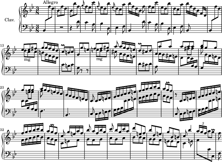 
\version "2.18.2"
\header {
 tagline = ##f
 % composer = "Domenico Scarlatti"
 % opus = "K. 155"
 % meter = "Allegro"
}

%% les petites notes
trillCq = { \tag #'print { c8\prall } \tag #'midi { d32 c d c } }
trillGq = { \tag #'print { g8\prall } \tag #'midi { a32 g a g } }
trillDq = { \tag #'print { d8\prall } \tag #'midi { e32 d e d } }

upper = \relative c'' {
 \clef treble 
 \key bes \major
 \time 3/8
 \tempo 4. = 76
 \set Staff.midiInstrument = #"harpsichord"
 \override TupletBracket.bracket-visibility = ##f

 s8*0^\markup{Allegro}
 s4. | bes8 f' d | bes bes' f | \appoggiatura g16 f8 ees c' | \appoggiatura f,16 ees8 d bes' | \appoggiatura ees,16 d8 c a' |
 % ms. 7
 bes16[ f d bes] f'8 | f ees c' | ees, d bes' | d, c a' | bes16 f d bes f[ d] | s4. | \stemUp 
 % ms. 13
 ees'8 ees fis | g8 g16 f ees d | \trillCq b8 c | g g' e | f f gis | a a16[ g f e] | 
 % ms. 19
 \trillDq cis8 d | a a' a | << { a8 a a | bes g g | g g g | a16 g f e d c } \\ { s8 fis fis | g s4 | s8 e8 e | f } >>
 % ms. 25
 bes,16 a g f e d | c8 c16[ d e f] | g a bes c d e | f g a bes c bes | a8 \trillGq f8 | r8 c,16[ d e f] |
 % ms. 31
 g16 a bes c d e | f g a bes c bes | a8 \trillGq f8 | c8 g'16[ e a f] | bes8 a16[ f bes g] | c8 bes16[ g c a] |
 % ms. 37
 d8 e, f | bes d, e | g bes, b | c bes'4 | \times 2/3 { a16[ g f] } \stemDown a8 \trillGq | f8 

}

lower = \relative c' {
 \clef bass
 \key bes \major
 \time 3/8
 \set Staff.midiInstrument = #"harpsichord"
 \override TupletBracket.bracket-visibility = ##f

 % **************************************
 bes,8 \stemDown \change Staff = "upper" f''' d | \stemNeutral \change Staff = "lower" R4. | r4 d,8 | c4 a8 | bes4 d,8 | ees4 f8 |
 % ms. 7
 bes,4 d'8 | c4 a8 | bes4 d,8 | ees4 f8 | bes,8 s4 | bes8 \stemDown \change Staff = "upper" f''' d | 
 % ms. 13
 d8-\markup{mg} c c | b g16 f ees d | \stemNeutral \change Staff = "lower" c8 b c | g r8 r8 | \stemDown \change Staff = "upper" e''8-\markup{mg} d d | cis a16[ g f e] | \stemNeutral \change Staff = "lower"
 % ms. 19
 d8 cis d | a8 \stemDown \change Staff = "upper" a'16[ g fis e] | d8 d16 c \stemUp \change Staff = "lower" bes a | g8 \stemDown \change Staff = "upper" g'16 f e d | c8 c16 \stemUp \change Staff = "lower" bes a g | \stemNeutral f4. |
 % ms. 25
 bes,4. | \repeat unfold 2 { \stemNeutral \change Staff = "lower" c8 c16[ d e f] | g a bes \stemDown \change Staff = "upper" c d e | f g a bes c bes | a8 g f } | c8 e f | g f g | a g a | bes bes a | g g f | e e d | c4 e8 | f \change Staff = "lower" c c, | f

}

thePianoStaff = \new PianoStaff <<
 \set PianoStaff.instrumentName = #"Clav."
 \new Staff = "upper" \upper
 \new Staff = "lower" \lower
 >>

\score {
 \keepWithTag #'print \thePianoStaff
 \layout {
 #(layout-set-staff-size 17)
 \context {
 \Score
 \override SpacingSpanner.common-shortest-duration = #(ly:make-moment 1/2)
 \remove "Metronome_mark_engraver"
 }
 }
}

\score {
 \keepWithTag #'midi \thePianoStaff
 \midi { }
}
