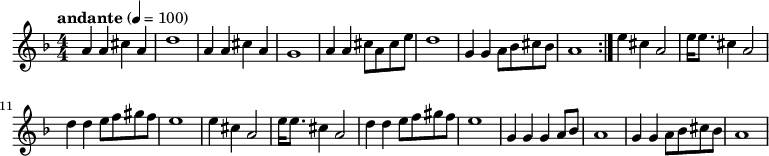 
{
% 0
\numericTimeSignature \tempo "andante" 4 = 100 \time 4/4 \key d \minor
\repeat volta 2 {
a'4 a'4 cis''4 a'4 d''1 a'4 a'4 cis''4 a'4 g'1 a'4 a'4 cis''8 a'8 cis''8 e''8 d''1 g'4 g'4 a'8 bes'8 cis''8 bes'8 a'1
}
e''4 cis''4 a'2 e''16 e''8. cis''4 a'2 d''4 d''4 e''8 f''8 gis''8 f''8 e''1 e''4 cis''4 a'2 e''16 e''8. cis''4 a'2 d''4 d''4 e''8 f''8 gis''8 f''8 e''1 g'4 g'4 g'4 a'8 bes'8 a'1 g'4 g'4 a'8 bes'8 cis''8 bes'8 a'1
\bar "|"
}
