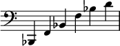 { \override Score.TimeSignature #'stencil = ##f \time 6/4 { \clef bass bes,, f, bes, f bes d' } }