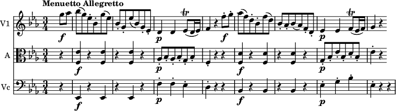 
<< \new Staff \with { instrumentName = #"V1 "}  
     \relative c'' {
    \version "2.18.2"
    \key ees \major 
    \tempo "Menuetto Allegretto"
    \time 3/4
    \tempo 4 = 140
  s2 g'8\f aes 
  bes (g) ees-. bes-. g' (ees)
  bes-. g-. ees' (bes) g-. ees-.
  d4\p d ees8\trill (d16 ees)
  f4 r
  f'8-.\f g-. 
  aes (f) d-. bes-. f' (d)
  bes-. aes-. bes (aes) f-. d-.
  ees4\p ees f8\trill (ees16 f)
  g4 r
}
\new Staff \with { instrumentName = #"A "} \relative c' {
    \key ees \major 
    \clef "alto"
    s2 r4 <f, ees'>4\f r <f ees'> r <f ees'> r
    aes8-.\p bes-. aes-. bes-.g-. bes-.
    f4-. r r
    <f d'>4\f r <f d'> r <f d'> r
    g8-.\p bes-. ees-. bes-. d-. bes-.
    ees4-. r
    
 }
 \new Staff \with { instrumentName = #"Vc "} \relative c' {
    \key ees \major 
    \clef "bass"
    s2 r4 ees,,\f r ees r ees r
    f'-.\p f-. ees-.
    d-. r r 
    bes4\f  r bes r bes r
    ees-.\p g-. bes-. ees,-. r r
 } 
>>

