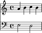 
\header {
  tagline = ##f }

Geige = \new Staff {
  \set Staff.midiInstrument = #"violin"
  { \relative c'' {
    a4 b c b
  } }
}

Cello = \new Staff {
  \set Staff.midiInstrument = #"cello"
  { \relative c {
    \clef "bass"
    e2 d
  } }
}

melody = {
  <<
    \Geige
    \Cello
  >>
}

\score {
  \melody
  \layout {}
  \midi {}
}
