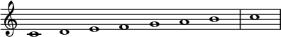 
\relative c' {  
   \new Staff \with { \remove "Time_signature_engraver" }  
   { \key c \major  \time 1/1 \cadenzaOn c1 d e f g a b\bar "|" c \bar"|"}
   }
