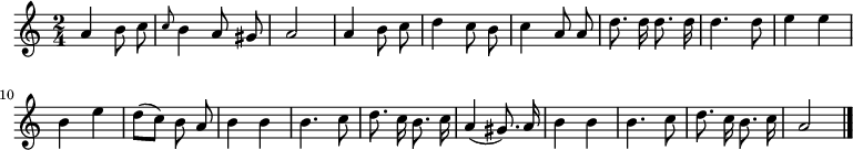 
\relative c'' {
  \key a \minor
  \time 2/4
  \autoBeamOff
  a b8 c
  \grace c b4 a8 gis
  a2
  a4 b8 c
  d4 c8 b
  c4 a8 a
  d8. d16 d8. d16
  d4. d8
  e4 e

  %tourne

  b e
  d8[( c]) b a
  b4 b
  b4. c8
  d8. c16 b8. c16
  a4( gis8.) a16
  b4 b
  b4. c8
  d8. c16 b8. c16
  a2
  \bar "|."
}
