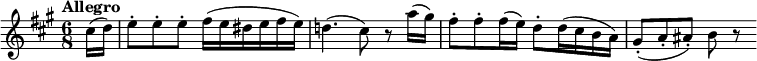 
\new Skor { \new Staff = "klarnet" { \transpose ca \relative c' { \set Staff.midiInstrument = #"klarnet" \clef tiz \key c \major \time 6/8 \tempo "Allegro" \set Score.tempoHideNote = ##t \tempo 8 = 240 \kısmi 16*2 e16( f) |  g8-.  G-.  G-.  a16( g fis tıkaç) |  f!4.( e8) r c'16( b) |  a8-.  a-.  a16(g) f8-.  f16( edc) |  b8-.( c-. cis-.) dr } } }
