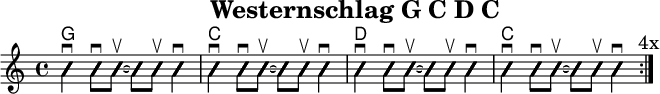 
\version "2.20.0"
\header {
  title="Westernschlag G C D C "
  encoder="mjchael"
}

myChords = \new ChordNames { \chordmode {
    g1 c d c
}}

Lager_G = {
  <g, b d>4 \downbow %1
  <g b g'>8 \downbow %2
  <g b g'>~ \upbow %+
  <g b g'>
  <g b g'>8 \upbow %+
  <g b g'>4 \downbow %4
}

Lager_C = {
  <e, c e>4 \downbow
  <g c' e'>8 \downbow 
  <g c' e'>~ \upbow 
  <g c' e'>
  <g c' e'>8 \upbow 
  <g c' e'>4 \downbow
}

Lager_D = {
  <a, d a>4 \downbow
  <a d' fis'>8 \downbow 
  <a d' fis'>~ \upbow 
  <a d' fis'>
  <a d' fis'>8 \upbow 
  <a d' fis'>4 \downbow
}

myRhythm = { \repeat volta 4 {
  \Lager_G \Lager_C \Lager_D \Lager_C
  \mark "4x"
}}

\score { << %layout
  % Chords
  \myChords
  % Slash Notation
  \new Voice \with {
    \consists "Pitch_squash_engraver"
  }{
    \set Staff.midiInstrument = "acoustic guitar (nylon)"
    \improvisationOn
    \override NoteHead.X-offset = 0
    \myRhythm
  }
>> \layout{} }

\score { << % midi
  \unfoldRepeats {
    \tempo 4 = 90
    \time 4/4
    \key d \major
    \set Staff.midiInstrument = #"acoustic guitar (nylon)"
    c4 b, a,
    \myRhythm 
    <g, b, d g b g,>1 \downbow
  }
>> \midi{} }

\paper {
  indent=0\mm
  line-width=180\mm
  oddFooterMarkup=##f
  oddHeaderMarkup=##f
  % bookTitleMarkup=##f
  scoreTitleMarkup=##f
}
