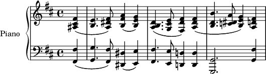 
\version "2.14.2"
\header {
  tagline = ##f
}
upper = \relative c' {
  \clef treble 
  \key d \major
  \time 4/4
  \tempo 4 = 68
  %\autoBeamOff

  \partial 4 < fis cis ais >4( < e b >4. < fis dis a >8) < a fis b, >4( < g e b >)
  < d b a >4.( < e cis g >8 < fis fis, d' >4) < fis d a >(
  < b b, d >4. < a dis, c! >8 < g e b >4) < fis d a >
}

lower = \relative c {
  \clef bass
  \key d \major
  \time 4/4
    
   \partial 4 < fis fis, >4( < g g, >4. < fis fis, >8) < dis dis, >4( < e e, >)
   < fis fis, >4. < e e, >8 < d! d,! >4 < d d, >
   < g, g, >2.  < fis' g, >4 
   
} 

\score {
  \new PianoStaff <<
    \set PianoStaff.instrumentName = #"Piano"
    \new Staff = "upper" \upper
    \new Staff = "lower" \lower
  >>
  \layout {
    \context {
      \Score
      \remove "Metronome_mark_engraver"
    }
  }
  \midi { }
}
