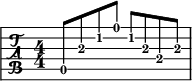 
\new TabStaff {
  \set Staff.midiInstrument = "acoustic guitar (steel)"
  \tabFullNotation
  \stemUp
  \numericTimeSignature
  \time 4/4
  a,8\5 a\3 c'\2 e' c'\2 a\3 e\4 a\3
}
