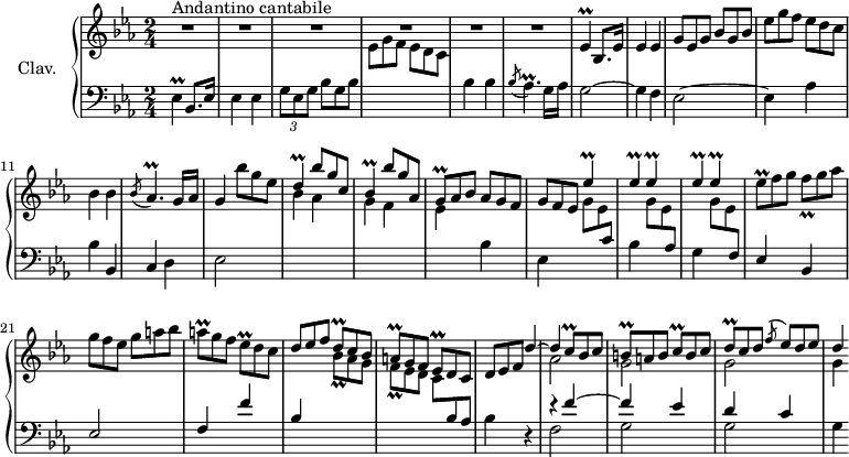 
\version "2.18.2"
\header {
  tagline = ##f
  % composer = "Domenico Scarlatti"
  % opus = "K. 507"
  % meter = "Andantino cantabile"
}

%% les petites notes
trillEesDown     = { \tag #'print { ees,4\prall } \tag #'midi { f32 ees f ees~ ees8 } }
trillEesUp       = { \tag #'print { ees'4\prall } \tag #'midi { f32 ees f ees~ ees8 } }
trillAesp        = { \tag #'print { \acciaccatura bes8 aes4.\prall } \tag #'midi { bes32 aes bes aes bes aes~ aes16~ aes8 } }
trillD           = { \tag #'print { d4\prall } \tag #'midi { ees32 d ees d~ d8 } }
trillBesqUp      = { \tag #'print { bes'8_\prall } \tag #'midi { \times 2/3 { bes32 c bes~ } bes16 } }
trillBesq        = { \tag #'print { bes8\prall } \tag #'midi { \times 2/3 { bes32 c bes~ } bes16 } }
trillBes         = { \tag #'print { bes4\prall } \tag #'midi { c32 bes c bes~ bes8 } }
trillGq          = { \tag #'print { g8\prall } \tag #'midi { \times 2/3 { g32 aes g~ } g16 } }

trillEesq        = { \tag #'print { ees8\prall } \tag #'midi { \times 2/3 { ees32 f ees~ } ees16 } }
trillFq          = { \tag #'print { f8_\prall } \tag #'midi { \times 2/3 { f32 g f~ } f16 } }
trillAq          = { \tag #'print { a8\prall } \tag #'midi { \times 2/3 { a32 bes a~ } a16 } }
trillDq          = { \tag #'print { d8\prall } \tag #'midi { \times 2/3 { d32 ees d~ } d16 } }
trillCq          = { \tag #'print { c8\prall } \tag #'midi { \times 2/3 { c32 d c~ } c16 } }
trillBq          = { \tag #'print { b8\prall } \tag #'midi { \times 2/3 { b32 c b~ } b16 } }

upper = \relative c'' {
  \clef treble 
  \key ees \major
  \time 2/4
  \tempo 4 = 90
  \set Staff.midiInstrument = #"harpsichord"
  \override TupletBracket.bracket-visibility = ##f

      s8*0^\markup{Andantino cantabile}
      R2*6
      % ms. 7
      \trillEesDown bes8. ees16 | ees4 ees | \omit TupletNumber  \times 2/3 { g8 ees g } \times 2/3 { bes8[ g bes] } | \times 2/3 { ees8 g f } \times 2/3 { ees8[ d c] } | bes4 bes | \trillAesp g16 aes g4 \times 2/3 { bes'8 g ees } | \stemUp  \trillD \times 2/3 { bes'8 g c, }
      % ms. 15
      \trillBes \times 2/3 { bes'8 g aes, } | \times 2/3 { \trillGq aes8 bes } \times 2/3 { aes8[ g f] } | \times 2/3 { g8 f ees } | \repeat unfold 5 { \trillEesUp } \stemNeutral | \times 2/3 { \trillEesq f8 g } \times 2/3 { \trillFq g8 aes] } |  \times 2/3 { g8[ f ees] } \times 2/3 { g8 a bes }
      % ms. 22
      \times 2/3 { \trillAq g8 f } \times 2/3 { \trillEesq d8 c] }  |
      \stemUp  \times 2/3 { d8[ ees f] } \times 2/3 { \trillDq c8 bes } |
      \times 2/3 { \trillAq g8 f } \times 2/3 { \trillEesq d8 c] }  |
      \times 2/3 { d8[ ees f] } 
      << { \omit TupletNumber d'4~ | d \times 2/3 { \trillCq bes8 c] } | \times 2/3 { \trillBq a8 b } \times 2/3 { \trillCq b8 c } | \times 2/3 { \trillDq c8 d } \acciaccatura f8 \times 2/3 { ees8[ d ees] } | d4 } 
      \\ { s4 | aes2 | g | g | g4 } >>
      % ms. 28
      << {  } \\ {  } >>
      % ms. 34
      
      % ms. 40
      
      % ms. 46
      
      % ms. 52
      
      % ms. 56
      

}

lower = \relative c' {
  \clef bass
  \key ees \major
  \time 2/4
  \set Staff.midiInstrument = #"harpsichord"
  \override TupletBracket.bracket-visibility = ##f

    % ************************************** \appoggiatura a16  \repeat unfold 2 {  } \omit TupletNumber  \times 2/3 { } 
      \trillEesDown bes8. ees16 | ees4 ees | \times 2/3 { g8 ees g } \omit TupletNumber \times 2/3 { bes8[ g bes] } \stemDown \change Staff = "upper" | \times 2/3 { ees8 g f } \times 2/3 { ees8[ d c] } \stemNeutral \change Staff = "lower" | bes4 bes | \trillAesp g16 aes
      % ms. 7
      g2~ | g4 f | ees2~ | ees4 aes | bes bes, | c d | ees2 \stemDown \change Staff = "upper" | bes''4 aes | 
      % ms. 15
      g4 f | ees \stemNeutral \change Staff = "lower" bes | ees, \stemDown \change Staff = "upper" \times 2/3 { g'8 ees  \stemUp \change Staff = "lower" c } |
      \stemNeutral \change Staff = "lower" bes4 \stemDown \change Staff = "upper" \times 2/3 { g'8 ees  \stemUp \change Staff = "lower" aes, } \stemNeutral \change Staff = "lower" |
      g4 \stemDown \change Staff = "upper" \times 2/3 { g'8 ees  \stemUp \change Staff = "lower" f, } |
      ees4 bes | ees2 |
      % ms. 22
      f4 f' | bes, \stemDown \change Staff = "upper" \times 2/3 { \trillBesqUp aes8 g } |
      \times 2/3 { \trillFq ees8 d } \times 2/3 { \trillCq \stemUp \change Staff = "lower" bes8 aes } \stemNeutral | bes4 \stemNeutral \change Staff = "lower" r4 
      << { r4 f'4~ | f ees } \\ { f,2 | g } >>
      % ms. 28
      << { d'4 c } \\ { g2 } >> g4 % r4 |
      % ms. 34
      
      % ms. 40
      
      % ms. 46
      
      % ms. 52
      
      % ms. 56
      

}

thePianoStaff = \new PianoStaff <<
    \set PianoStaff.instrumentName = #"Clav."
    \new Staff = "upper" \upper
    \new Staff = "lower" \lower
  >>

\score {
  \keepWithTag #'print \thePianoStaff
  \layout {
      #(layout-set-staff-size 17)
    \context {
      \Score
     \override SpacingSpanner.common-shortest-duration = #(ly:make-moment 1/2)
      \remove "Metronome_mark_engraver"
    }
  }
}

\score {
  \keepWithTag #'midi \thePianoStaff
  \midi { }
}
