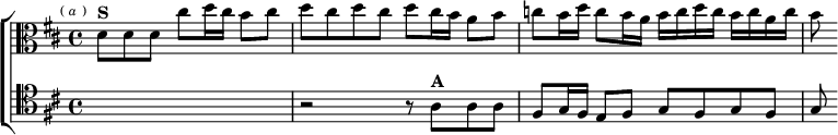  \new ChoirStaff <<
  \new Staff \relative d' { \clef alto \key d \major \time 4/4 \partial 2.. \mark \markup \tiny { ( \italic a ) }
    d8^\markup \bold "S" d d cis' d16 cis b8 cis |
    d cis d cis d cis16 b a8 b |
    c b16 d c8 b16 a b c d c b c a c | b8 }
  \new Staff \relative a { \clef tenor \key d \major
    R2.. | r2 r8 a^\markup \bold "A" a a |
    fis g16 fis e8 fis g fis g fis | g } >> 