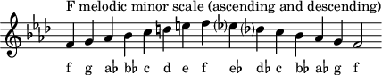 
\header { tagline = ##f }
scale = \relative c' { \key f \minor \omit Score.TimeSignature
  f^"F melodic minor scale (ascending and descending)" g aes bes c d e f es? des? c bes aes g f2 }
\score { { << \cadenzaOn \scale \context NoteNames \scale >> } \layout { } \midi { } }
