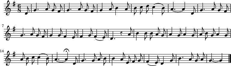 
\relative c' {
  \override Rest #'style = #'classical
  \key g \major
  \time 6/8
  \partial 8
  \autoBeamOff
  d8
  g4. a8 g fis
  g4. a8 g fis
  g4 a8 b4 a8
  b c d c4( b8)
  a4.~ a4 d,8
  g4. a8 g fis

  g4. a8 g fis
  g4 g8 fis4 e8
  fis4 g8 fis4( e8)
  d4. r4 a'8
  b4 b8 b a g
  a4 g8 a4 g8
  a b g a4 g8

  a b c c4( b8)
  a4.~ a4\fermata d,8
  g4. g8 a b
  b4 a8 e fis g
  fis4( e8) d4 g8
  b4. a8 g a
  g4.~ g4
  \bar "|."
}
