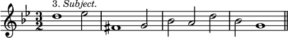 { \time 3/2 \key g \minor \relative d'' { d1^\markup { \smaller { 3. \italic Subject. } } ees2 fis,1 g2 bes a d bes2 g1 \bar "||" } }