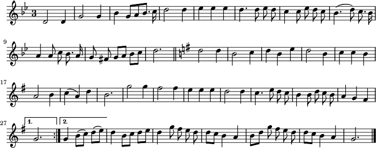 
\relative c' {
  \key g \minor
  \override Staff.TimeSignature #'style = #'single-digit
  \time 3/4
  \autoBeamOff
  \repeat volta 2 {
    d2 d4
    g2 g4
    bes
    g8[ a bes8.] c16
    d2 d4
    ees ees ees
    d4. d8 ees d
    c4 c8 ees d c
    bes4.( d8) c8. bes16

    a4 a8 c bes8. a16
    g8 fis g[ a] bes[ c]
    d2. \bar "||" \key g \major %manque un temps à cette mesure : je point la blanche
    d2 d4
    b2 c4
    d b e
    d2 b4
    c c b
    a2 b4
    c( a) d

    b2.
    g'2 g4
    fis2 fis4
    e e e
    d2 d4
    c4. e8 d c
    b4 b8 d c b
    a4 g fis
  }
  \alternative {
    { g2. }
    { g4 b8[( c]) d[( e]) }
  }

  %tourne

  d4 b8[ c] d[ e]
  d4 g8 fis e d
  d[ c] b4 a
  b8[ d] g fis e d
  d[ c] b4 a
  g2.
  \bar "|."
}
