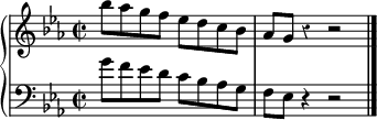 
\new PianoStaff <<
  \new Staff \relative c''' {
    \override Rest #'style = #'classical
    \key es \major
    \time 2/2
    bes8 as g f es d c bes as g r4 r2
    \bar "|."
  }
  \new Staff \relative c'' {
    \key es \major
    \time 2/2
    \clef bass
    g8 f es d c bes as g f es r4 r2
    \bar "|."
  }
>>
