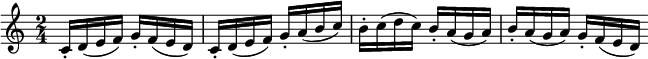 
  \relative c'{
    \time 2/4
    \set Staff.midiInstrument = #"trumpet"
    c16-. d( e f) g-. f( e d) |
    c-. d( e f) g-. a( b c) |
    b-. c( d c) b-. a( g a) |
    b-. a( g a) g-. f( e d) \bar ":|"
  }
