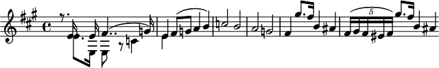 
\header {
 tagline = ##f
}

\score {
 \new Staff \with {

 }
<<
 \relative c' {
 \key a \major
 \time 4/4
 \tempo 4 = 100
 %\override TupletBracket #'bracket-visibility = ##f
 \set Staff.midiInstrument = #"string ensemble 1" 
 \set Score.currentBarNumber = #49
 %\autoBeamOff

 %%%%%%%%%%%%%%%%%%%%%%%%%% S6 - thème 1
 \partial 2...
 << { r8. e16 s8 e16 fis4..( g!16) e4 fis8( g! a4 b) c!2 b a g! fis4 gis'8.[ fis16] b,4 ais \tempo 4 = 85 \times 2/5 { fis16([ gis fis eis fis]) } gis'8.[ fis16] \tempo 4 = 100 b,4 ais } \\ { s8. e8.[ e,16] e8 r8 c'!4 e4 } >>

 }
>>
 \layout {
 \context { \Score \remove "Metronome_mark_engraver" 
 \override SpacingSpanner.common-shortest-duration = #(ly:make-moment 1/2) }
 }
 \midi {}
}
