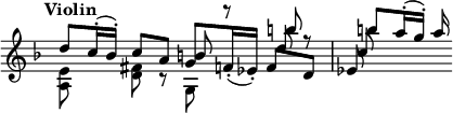 { \override Score.TimeSignature #'stencil = ##f \time 4/4 \tempo "Violin" \key d \minor << \relative d'' { d8 c16^.( bes^.) c8 a g \slurDown f16_.( ees_.) f8 d | ees8 } \\ \relative e' { <e a,>8 s <fis d> r g, } \\ \relative b' { s2 b8 r d s c } \\ { } \\ \relative b''{ s2. b8 r | b a16^.( g^.) a } >> }