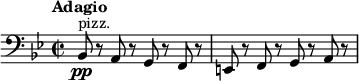 
\relative c {
  \new Staff {
    \set Staff.midiInstrument = #"pizzicato strings" \key bes \major \clef bass \time 2/2 \set Score.tempoHideNote = ##t \tempo "Adagio" 2 = 20
    bes8 \pp ^"pizz." r8 a8 r8 g8 r8 f8 r8 |
    e8 r8 f8 r8 g8 r8 a8 r8 |
  }
}
