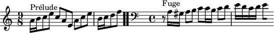 
\version "2.18.2"
\header {
  tagline = ##f
}

\score {
  \new Staff \with {
%fontSize = #-2
  }
<<
  \relative c'' {
    \key a \minor
    \time 9/8
	\set Staff.midiInstrument = #"harpsichord" 

     %% INCIPIT CBT I-20, BWV 865, la mineur
     s4*0^\markup{Prélude} a16 b c8 e c a e a c e \once \override Staff.TimeSignature #'stencil = ##f \time 3/8 b16 c d8 f \bar ".."

     \skip 8*1
     \override Staff.Clef.extra-offset = #'( -1 . 0 )
     \time 4/4 
     \clef bass 
     \partial 1
     r8^\markup{Fuge} a,,16 gis a8 b c c16 b c8 d e16 d c d 
{ 
 % suppression des warnings :
 #(ly:set-option 'warning-as-error #f)
 #(ly:expect-warning (_ "stem does not fit in beam")) %% <= à traduire éventuellement
 #(ly:expect-warning (_ "beam was started here")) %% <= à traduire éventuellement
  \set stemRightBeamCount = #1
  e4*1/2[ s]
}

  }
>>
  \layout {
     \context { \Score \remove "Metronome_mark_engraver" 
     \override SpacingSpanner.common-shortest-duration = #(ly:make-moment 1/2) 
}
  }
  \midi {}
}
