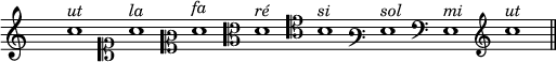  % p139s4
{
\override Staff.TimeSignature #'transparent = ##t
\time 4/4
\override Staff.BarLine #'transparent = ##t
\clef G % sol 2
c''1^\markup \italic "ut"  \bar " "
\clef soprano  % ut 1
a'^\markup \italic "la"  \bar " "
\clef mezzosoprano  % ut 2
f'^\markup \italic "fa"  \bar " "
\clef C % ut 3
d'^\markup \italic "ré"  \bar " "
\clef tenor % ut 4
b^\markup \italic "si"  \bar " "
\clef varbaritone % fa 3
g^\markup \italic "sol"  \bar " "
\clef F % fa 4
e^\markup \italic "mi"  \bar " "
\clef G % sol 2
c''^\markup \italic "ut"  \bar " "
\override Staff.BarLine #'transparent = ##f
\bar "||" 
}
