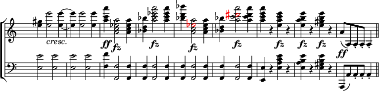 
\new ChoirStaff <<
   \new Staff <<
    \set Score.tempoHideNote = ##t
    \tempo 2 = 88
    \override Staff.TimeSignature.transparent = ##t
         \relative c''
         { \override DynamicTextSpanner.style = #'none \crescTextCresc
<e gis> <e e'>2\< <e e'>4 ~ <e e'> <e e'>2 <e e'>4 <a c a'>\ff <a, c es a>2\fz <a c es a>4 <bes d bes'> <a' c es a>2\fz <a c es a>4 <bes d bes'> <a, c \tweak NoteHead.color #red \tweak Accidental.color #red es a>2\fz <a c es a>4 <bes d bes'> <a' c \tweak NoteHead.color #red \tweak Accidental.color #red dis a'>2\fz <a c dis a'>4 <a c e a > r <e a c e>\fz r <e a b e>\fz r <e gis b e>\fz r a,8\ff ( a,) a-. a-. a4-. \bar "||" }
          >>

    \new Staff <<
           \override Staff.TimeSignature.transparent = ##t
              \clef "bass"
              \relative c { <e e'>2 <e e'> <e e'> <e e'> <f f'>4 <f, f'>2 <f f'>4 <f f'> <f f'>2 <f f'>4 <f f'> <f f'>2 <f f'>4 <f f'> <f f'>2 <f f'>4 <e e'> r <e' a c e> r <e a b e> r <e gis b e> r a,,8 ( a') a-. a-. a4-. }
     >>
 >>
