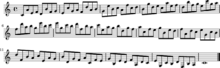 
{

\modalTranspose c c' { c d e f g a b } { c8 a e f }
\modalTranspose c d' { c d e f g a b } { c a e f }
\modalTranspose c e' { c d e f g a b } { c a e f }
\modalTranspose c f' { c d e f g a b } { c a e f }
\modalTranspose c g' { c d e f g a b } { c a e f }
\modalTranspose c a' { c d e f g a b } { c a e f }
\modalTranspose c b' { c d e f g a b } { c a e f }
\modalTranspose c c'' { c d e f g a b } { c a e f }
\modalTranspose c d'' { c d e f g a b } { c a e f }
\modalTranspose c e'' { c d e f g a b } { c a e f }
\modalTranspose c f'' { c d e f g a b } { c a e f }
\modalTranspose c g'' { c d e f g a b } { c a e f }

\modalInversion c e''' { c d e f g a b } { c a e f }
\modalInversion c d''' { c d e f g a b } { c a e f }
\modalInversion c c''' { c d e f g a b } { c a e f }
\modalInversion c b'' { c d e f g a b } { c a e f }
\modalInversion c a'' { c d e f g a b } { c a e f }
\modalInversion c g'' { c d e f g a b } { c a e f }
\modalInversion c f'' { c d e f g a b } { c a e f }
\modalInversion c e'' { c d e f g a b } { c a e f }
\modalInversion c d'' { c d e f g a b } { c a e f }
\modalInversion c c'' { c d e f g a b } { c a e f }
\modalInversion c b' { c d e f g a b } { c a e f }
\modalInversion c a' { c d e f g a b } { c a e f }
\modalInversion c g' { c d e f g a b } { c a e f }
\modalInversion c f' { c d e f g a b } { c a e f }
\modalInversion c e' { c d e f g a b } { c a e f }
\modalInversion c d' { c d e f g a b } { c a e f }


c'1

\bar "|."
}
