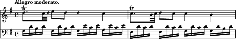 { \time 4/4 \tempo "Allegro moderato." \key g \major << \relative d'' { d8.\trill c32 d e8 d d4 c | c8.\trill b32 c d8 c c4 b | }
\new Staff { \clef bass \key g \major \relative g { g16 d' b d g, d' b d g, e' c e a, e' c e | fis, d' c d fis, d' c d g, d' c d g, d' b d | } } >> }