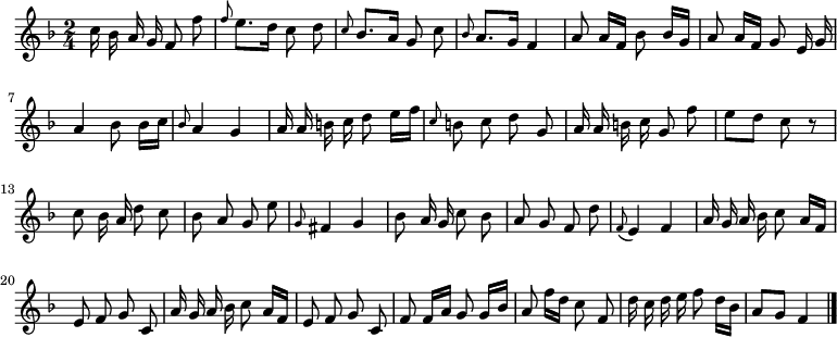 
\relative c'' {
  \key f \major
  \time 2/4
  \autoBeamOff
  c16 bes a g f8 f'
  \grace f e8.[ d16] c8 d
  \grace c bes8.[ a16] g8 c
  \grace bes8 a8.[ g16] f4
  a8 a16[ f] bes8 bes16[ g]
  a8 a16[ f] g8 e16 g

  a4 bes8 bes16[ c]
  \grace bes8 a4 g
  a16 a b c d8 e16[ f]
  \grace c8 b c d g,
  a16 a b c g8 f'
  e[ d] c r
  c bes16 a d8 c

  bes a g e'
  \grace g,8 fis4 g
  bes8 a16 g c8 bes
  a g f d'
  \appoggiatura f,8 e4 f
  a16 g a bes c8 a16[ f]
  e8 f g c,

  a'16 g a bes c8 a16[ f]
  e8 f g c,
  f f16[ a] g8 g16[ bes]
  a8 f'16[ d] c8 f,
  d'16 c d e f8 d16[ bes]
  a8[ g] f4
  \bar "|."
}
