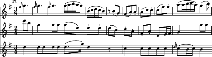 \version "2.14.2"
\header {
  tagline = ##f }

\layout {
  \context {
    \Score
    \remove "Timing_translator"
    \remove "Default_bar_line_engraver"
  }
  \context {
    \Staff
    \consists "Timing_translator"
    \consists "Default_bar_line_engraver"
  }
}

% Now each staff has its own time signature.

\score { \relative g'' <<
  \new Staff {
    \time 2/8
    \set Staff.timeSignatureFraction = #'(3 . 8)
    \key g \major
    \mark \markup \small "27." 
\repeat unfold 3 { \grace fis16 g4.*2/3 } g16*2/3[( a b a g8*2/3]) 
    b,16*2/3[( c d c b8*2/3]) r8*2/3 b( g) fis( a) a-. a( c) c-. 
    c( fis) fis-. a[( a16*2/3 b c a]) g4*2/3( b8*2/3)
  }
  \new Staff {
    \time 2/4 \key g \major \partial 4
    \grace s16 d8 b | g4 g8 g | g( d) d-. d-. |
    d( b) c-. a-. | fis-. a-. d, e16 fis | g4 g'8 g 
  }
  \new Staff {
    \time 3/4 \key g \major \override Staff.Rest #'style = #'classical
    \grace s16 d4 d8 d d d | d8.( g16) d4 r |
    c4 c8 c c c | \grace d16 c8( b16 c) b4
  }
>>
\midi { }
\layout { } }