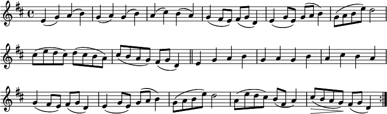 \relative e' { \key d \major \time 4/4 \override Score.BarNumber #'break-visibility = #'#(#f #f #f)
  \repeat volta 2 { e4( g) a( b) | g( a) g( b) | a( cis) b( a) |
  g( fis8 e) fis( g d4) | e( g8 e) g( a b4) | g8( a b e) d2 |
  cis8( e d cis) d( cis b a) | cis( b a g) fis( g d4) \bar "||"
  e4 g a b | g a g b | a cis b a |
  g( fis8 e) fis( g d4) | e( g8 e) g( a b4) | g8( a b e) d2 |
  a8( e' d cis) b( fis a4) | cis8(\> b a g)\! fis( g d4) } }