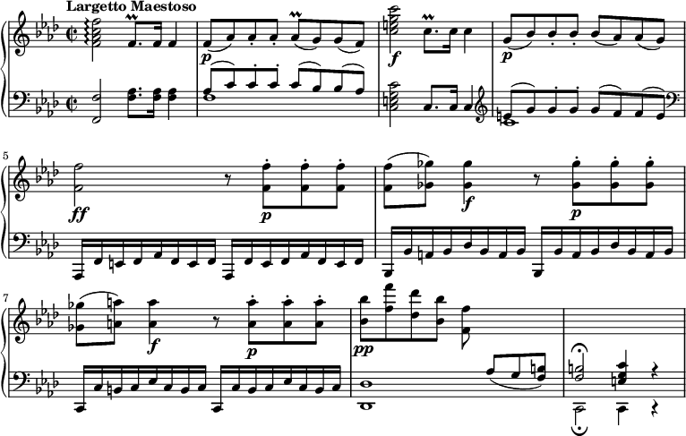 
{ \new PianoStaff << \new Staff \relative c'' { \clef treble \key aes \major \tempo "Largetto Maestoso" 4 = 60 \set Score.tempoHideNote = ##t \time 2/2 |  <f,\f aes c f>2\arpeggio f8.\prall f16 f4 |  f8\p( aes) aes-.  aes-.  aes\prall( g) g( f) |  <<c'2\f e2 g2 c2>> c,8.\prall c16 c4 |  g8(\p bes8) bes8-.  bes-.  bes( aes) aes( g) |  <<f2\ff f'2>> t8 <<f,8-.\p f'8>> <<f,8-.  f'8>> <<f,8-.  f'8>> |  <<f,8( f'8>> <<ges,8) ges'8>> <<ges,4\f ges'4>> r8 <<ges,8-.\p ges'8>> < <ges,8-.  ges'8>> <<ges,8-.  ges'8>> |  <<ges,8( ges'8>> <<a,8) a'8>> <<a,4\f a'4>> r8 <<a,8-.\p a'8>> < <a,8-.  a'8>> <<a,8-.  a'8>> |  <<bes,8\pp bes'8>> <<f8 f'8>> <<des,8 des'8>> <<bes,8 bes'8>> <<f,8 f'8>> \hideNotes r4.  |  r1 \unHideNotes } \new Staff \relative c { \clef bass \key aes \major |  <<f,2 f'2>> <<f8.  aes8.>> <<f16 aes16>> <<f4 aes4>> |  <<\nieuwe stem{\voiceTwo f1 } \nieuwe stem{\voiceOne aes8( c8) c8-.  c8-.  c8( bes8) bes8( aes8) }>> |  <<c,2 e2 g2 c2>> c,8.  c16 c4 |  \sleutel hoge tonen <<\nieuwe stem{\voiceTwo c'1 } \nieuwe stem{\voiceOne e8( g8) g8-.  g8-.  g8( f8) f8( e8) }>> |  \sleutel bas aes,,,16 f'16 e16 f16 aes16 f16 e16 f16 aes,16 f'16 e16 f16 aes16 f16 e16 f16 |  bes,16 bes'16 a16 bes des bes een bes bes, bes' een bes des bes een bes |  c, c' bc ees cbc c, c' bc ees cbc |  <<\new Voice{\voiceTwo <<des1 des,1>> |  c2\fermata c4 c4\rest } \new Voice{\voiceOne \hideNotes r2 r8 \unHideNotes aes''8^[_( g8 <<f8] b8)>> |  <<f2 b2\fermata>> <<c4 g4 e4>> aes4\rest }>> |  }>> }
