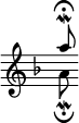 { \override Score.TimeSignature #'stencil = ##f \key d \minor << { a''8\mordent\fermata } \\ { a'8\mordent\fermata } >> }