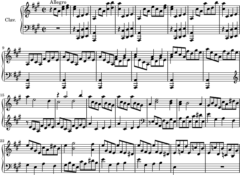 
\version "2.18.2"
\header {
 tagline = ##f
}

upper = \relative c'' {
 \clef treble 
 \key a \major
 \time 2/2
 \tempo 2 = 98
 \set Staff.midiInstrument = #"harpsichord"

 r4^\markup{Allegro} cis8 a < cis e >4 < d fis > | < cis e > cis, d e | a, cis'8 a < cis a' >4 < d b' > | < cis a' > cis, d e | a, cis'8 a e' cis a < d fis >
 % ms. 6
 < cis e >4 cis, d e | a, cis'8 a a' cis, d b' | < cis, a' >4 cis, d e | a,8 e' cis a fis' d gis e | a e cis a fis' d gis e |
 % ms. 11
 a8 e cis a << { a'4 b | cis s4 a b | cis8 e cis a } \\ { fis8 d gis e | a e cis a fis' d gis e | a4 } >> fis'8 d gis e | a e cis a fis' d gis e | 
 % ms. 15
 a4 e2 d4 | << { r4 a'2 b4 } \\ { cis,2 d } >> \repeat unfold 2 { a'8 cis, b a a' b, a gis } |
 % ms. 19
 a4 < cis e >2 < b d >4 | < a cis >4 b2 a4 | gis8 b gis e cis' a dis b | e b gis e cis' a dis b | 
 % ms. 23
 e4 < b gis' >2 < a fis' >4 | \repeat unfold 2 { e'8 gis, fis e e' fis, e dis } e e' f, d' e, c' d, b' | 
 % ms. 27
 e, c' d, b' c, a' b, gis'

}

lower = \relative c {
 \clef bass
 \key a \major
 \time 2/2
 \set Staff.midiInstrument = #"harpsichord"

 % **************************************
 R1 | \repeat unfold 4 { r4 < cis, cis' >4 < d d' > < e e' > < a, a' > s2. } | \repeat unfold 5 { < a a' >4 s2. } | 
 % ms. 15
 \clef treble r8 e'''8 cis a fis' d gis e | a e8 cis a fis' d gis e | \repeat unfold 2 { a4 cis, d e } | 
 % ms. 19
 \clef bass r8 e,8 cis a fis' d gis e | a e b' e, cis' e, dis' e, | e'4 gis, a fis | gis e a fis | 
 % ms. 23
 gis8 b gis e cis' a dis b | e4 gis, a b | e gis, a b | e, s2. | R1

}

thePianoStaff = \new PianoStaff <<
 \set PianoStaff.instrumentName = #"Clav."
 \new Staff = "upper" \upper
 \new Staff = "lower" \lower
 >>

\score {
 \keepWithTag #'print \thePianoStaff
 \layout {
 #(layout-set-staff-size 17)
 \context {
 \Score
 \override SpacingSpanner.common-shortest-duration = #(ly:make-moment 1/2)
 \remove "Metronome_mark_engraver"
 }
 }
}

\score {
 \keepWithTag #'midi \thePianoStaff
 \midi { }
}
