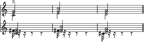 { \override Score.Rest #'style = #'classical \override Score.TimeSignature #'stencil = ##f \time 2/4 << { << { <g' e'>2^\markup { 3. } | <c'' g'> | <a' f'> } \\ { c'2 | e' | d' } >> \bar "||" } 
\new Staff { << { <g' e' c'>2 | <c'' g' e'> | <a' f' d'> } \\ { fis'32 c'\rest c'16\rest c'8\rest c'4\rest | fis'32 c'\rest c'16\rest c'8\rest c'4\rest | \once \override NoteColumn.force-hshift = #-1.7 cis'32 c'\rest c'16\rest c'8\rest c'4\rest } >> \bar "||" } >> } %needs the chord slashes still