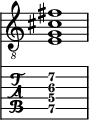  
<<
  %\override Score.BarLine.break-visibility = ##(#f #t #t)
  \time 1/1
    \new Staff  {
    \clef "treble_8"
        \once \override Staff.TimeSignature #'stencil = ##f
        < e g cis' fis' >1
    }

     \new TabStaff {
       \override Stem #'transparent = ##t
       \override Beam #'transparent = ##t 
      < e\5 g\4 cis'\3 fis'\2 >1
  }
>>
