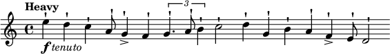 
\new Score {
  \new Staff {
    \relative c'' {
      \clef treble
      \key c \major
      \tempo "Heavy"
      \cadenzaOn
      e4^!-\markup {\dynamic f \italic tenuto} d^! c^! a8^! g4^!-> f^! \tuplet 3/2 {g4.^! a8^! b4^!} c2^! d4^! g,^! b^! a^! f^!-> e8^! d2^!
    }
  }
}
