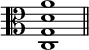 
\relative c {
  \clef alto
  \override Staff.TimeSignature #'stencil = ##f
  <c g' d' a'>1
  \bar "||"
}
