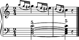 
\new PianoStaff <<
  \new Staff = "right"
  \relative c''' {
    \time 2/4
    \override Rest #'style = #'classical
    \appoggiatura { a8[ g16 fis] } g4 \appoggiatura { fis8[ e16 dis]} e4
    \appoggiatura { d8[ c16 b]} c4 r
    \bar "|."
  }
  \new Staff = "left"
  \figuremode {
    <5>2 <5>4 r
  }
  \context Staff = "left"
  \relative c {
    \clef bass
    \time 2/4
    \override Rest #'style = #'classical
    \grace s4 %hack dégoûtant sur bug connu
    <c e g c>2~ <c e g c>4 r
    \bar "|."
  }
>>
