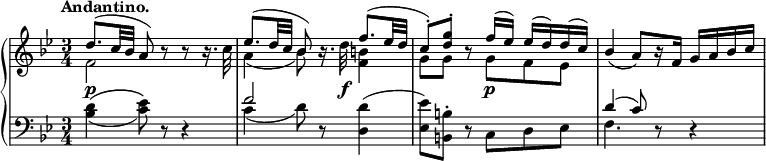 
 \relative c' {
 \new PianoStaff <<
 \new Staff { \key bes \major \time 3/4 \set Score.tempoHideNote = ##t \tempo "Andantino." 4=90
 \override Score.NonMusicalPaperColumn #'line-break-permission = ##f
 <<
 {
 d'8.( c32 bes a8) b\rest b\rest b16.\rest \stemDown c32
 \stemUp es8.( d32 c bes8) b16.\rest \stemDown d32 \stemUp f8.( es32 d
 c8-. ) <g' d>-. b,\rest f'16( es) es( d) d( c)
 bes4_( a8) [ b16\rest f] g a bes c
 }
 \\
 { f,2 s4 a( bes8) s <b f>4 g8 g s g f es }
 >>
 }
 \new Dynamics {
 s4\p s2 s4... s32\f s4 s s8 s\p
 }
 \new Staff { \key bes \major \time 3/4 \clef bass
 <<
 { s4. d,8\rest d4\rest f'2*3/4 d,8\rest s4 s d8\rest s4. d'4( c8) d,\rest d4\rest }
 \\
 { <d' bes>4( ^\( <es c>8) \) s4. c4( d8) s8 <d d,>4^( <es es,>8) <b b,>^. s c, d es f4. }
 >> 
 }
 >>
 }
