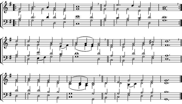 
\new ChoirStaff <<
  \new Staff { \clef treble \time 4/2 \key g \major \partial 2 \set Staff.midiInstrument = "church organ" \omit Staff.TimeSignature \set Score.tempoHideNote = ##t \override Score.BarNumber  #'transparent = ##t 
  \relative c''
  << { \bar".|:" g2 | b2. b4 a2 g | c1 b2 \breathe \bar"||" d | e2. d4 c2 a b1. \breathe \bar":|." \break
     d2 | d c b a | b( a4 g) a2 \breathe \bar"||" fis | g a b cis | d1. \breathe \bar"||" \break
     a2 | b a g fis | e( d4 c) d2 \breathe \bar"||" d | e g g fis | g1. \bar"|." } \\
  { d2 | g g fis e | g1 g2 g | g g e fis | g1.
  g2 | fis g g e4( fis) | g2( fis4 e) fis2 d | d fis g g | fis1.
  fis2 | g fis e d | c( b4 a) b2 d | d b4( c) d2 d | d1. } >>
  } 
\new Staff { \clef bass \key g \major \set Staff.midiInstrument = "church organ" \omit Staff.TimeSignature
  \relative c'
  << { b2 | d2. d4 d2 b | e1 d2 b | c b c d | d1.
     b2 | a e' d c | d1 d2 a | g d' d g, | a1.
     d2 | d d b b | g1 g2 g | g g a a | b1. } \\
  { g2 | g g d e | c1 g'2 g | c g a d, | g1. 
  g2 | d e4( fis) g2 a | g1 d2 c | b d g e | d1.
  d2 | g d e b | c1 g2 b | c e d d | g,1. } >>
  } 
>>
\layout { indent = #0 }
\midi { \tempo 2 = 69 }
