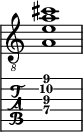  
<<
  %\override Score.BarLine.break-visibility = ##(#f #t #t)
  \time 1/1
    \new Staff  {
    \clef "treble_8"
        \once \override Staff.TimeSignature #'stencil = ##f
        <  a e' a' cis''>1
    }

     \new TabStaff {
       \override Stem #'transparent = ##t
       \override Beam #'transparent = ##t 
      <  a\4 e'\3 a'\2 cis''\1>1
  }
>>
