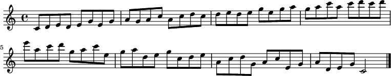 
{
\clef treble

\modalTranspose c 	c'	 { c d e g a } { c8 d e }
\modalTranspose c 	d'	 { c d e g a } { c8 d e }
\modalTranspose c 	e'	 { c d e g a } { c8 d e }
\modalTranspose c 	g'	 { c d e g a } { c8 d e }
\modalTranspose c 	a'	 { c d e g a } { c8 d e }
\modalTranspose c 	c''	 { c d e g a } { c8 d e }
\modalTranspose c 	d''	 { c d e g a } { c8 d e }
\modalTranspose c 	e''	 { c d e g a } { c8 d e }
\modalTranspose c 	g''	 { c d e g a } { c8 d e }
\modalTranspose c 	a''	 { c d e g a } { c8 d e }
\modalTranspose c 	c'''	 { c d e g a } { c8 d e }
\modalTranspose c 	a''	 { c d e g a } { c8 d e }
\modalTranspose c 	g''	 { c d e g a } { c8 d e }
\modalTranspose c 	e''	 { c d e g a } { c8 d e }
\modalTranspose c 	d''	 { c d e g a } { c8 d e }
\modalTranspose c 	c''	 { c d e g a } { c8 d e }
\modalTranspose c 	a'	 { c d e g a } { c8 d e }
\modalTranspose c 	g'	 { c d e g a } { c8 d e }
\modalTranspose c 	e'	 { c d e g a } { c8 d e }
\modalTranspose c 	d'	 { c d e g a } { c8 d e }

c'2
\bar "|."
}
