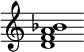 {
  % Rivin lopun pystyviiva ja tahtiosoitus piiloon.
  \override Score.BarLine.break-visibility = ##(#f #t #t)
  \override Staff.TimeSignature #'stencil = ##f
  
  <d' f' a' bes'>1
}
