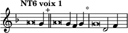 \language "français"
 \relative { 
  \key re \minor 
  \tempo "NT6 voix 1"   
  \set Score.tempoHideNote = ##t 
  \tempo 4 = 200 \cadenzaOn
            \override Score.TimeSignature.stencil = ##f
            \override Score.SpacingSpanner.common-shortest-duration = #(ly:make-moment 1 2)
\tweak duration-log #-1 \tweak Stem.stencil ##f 
la'2  sol4 s4^"+"\bar "||"
\tweak duration-log #-1 \tweak Stem.stencil ##f 
la2  sol4 fa4 sol4 s4^"*"\bar "|" 
\tweak duration-log #-1 \tweak Stem.stencil ##f 
sol2  re2 fa4 s4\bar "|"
\cadenzaOff }