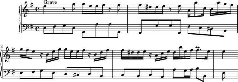 
\version "2.18.2"
\header {
  tagline = ##f
  % composer = "Domenico Scarlatti"
  % opus = "K. 81"
  % meter = "Grave – Allegro"
}

%% les petites notes
trillFisqp     = { \tag #'print { fis8.\prall } \tag #'midi { \times 2/3 { g64 fis g } fis16.~ fis16 } }

upper = \relative c'' {
  \clef treble 
  \key e \minor
  \time 4/4
  \tempo 4 = 34
  \set Staff.midiInstrument = #"recorder"

      s8*0^\markup{Grave}
      e4 r8 g8 g16 e e fis r8 fis8 | fis16 dis dis e r8 e8 a,16 a'8 c,16 b a' g fis | g fis e8 r16 b16 e g g e e fis r16 b, d fis |
      % ms. 4
      fis16 dis dis e r16 a,16 c e dis b' e, fis \trillFisqp e16 | e4

}

lower = \relative c' {
  \clef bass
  \key e \minor
  \time 4/4
  \set Staff.midiInstrument = #"harpsichord"

    % ************************************** \appoggiatura a16  \repeat unfold 2 {  } \times 2/3 { }   \omit TupletNumber 
      e,8 fis g e a, a' a a, | g g' g g, fis' e dis b | e fis g e d cis d b |
      % ms. 4
      c8 b c a a' g16 a b8 b, | e8

}

thePianoStaff = \new PianoStaff <<
    \set PianoStaff.instrumentName = #""
    \new Staff = "upper" \upper
    \new Staff = "lower" \lower
  >>

\score {
  \keepWithTag #'print \thePianoStaff
  \layout {
      #(layout-set-staff-size 17)
    \context {
      \Score
     \override TupletBracket.bracket-visibility = ##f
     \override SpacingSpanner.common-shortest-duration = #(ly:make-moment 1/2)
      \remove "Metronome_mark_engraver"
    }
  }
}

\score {
  \keepWithTag #'midi \thePianoStaff
  \midi {  }
}
