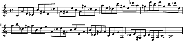 
{

\modalTranspose c c' { c des e gis a } { c8 a e } 
\modalTranspose c des' { c des e gis a } { c a e } 
\modalTranspose c e' { c des e gis a } { c a e } 
\modalTranspose c gis' { c des e gis a } { c a e } 
\modalTranspose c a' { c des e gis a } { c a e } 
\modalTranspose c c'' { c des e gis a } { c a e } 
\modalTranspose c des'' { c des e gis a } { c a e } 
\modalTranspose c e'' { c des e gis a } { c a e } 
\modalTranspose c gis'' { c des e gis a } { c a e } 

\modalInversion c e''' { c des e gis a } { c a e } 
\modalInversion c des''' { c des e gis a } { c a e } 
\modalInversion c c''' { c des e gis a } { c a e } 
\modalInversion c a'' { c des e gis a } { c a e } 
\modalInversion c gis'' { c des e gis a } { c a e } 
\modalInversion c e'' { c des e gis a } { c a e } 
\modalInversion c des'' { c des e gis a } { c a e } 
\modalInversion c c'' { c des e gis a } { c a e } 
\modalInversion c a' { c des e gis a } { c a e } 
\modalInversion c gis' { c des e gis a } { c a e } 
\modalInversion c e' { c des e gis a } { c a e } 
\modalInversion c des' { c des e gis a } { c a e } 

c'~ c'1

\bar "|."
}
