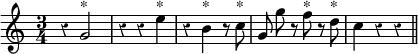  %p167s7
\relative c'' {
\time 3/4
\override Rest #'style = #'classical
\autoBeamOff
r4 g2^\markup{*} |
r4 r4 e'4^\markup{*} |
r4 b4^\markup{*} r8 c8^\markup{*} |
g8 g' r8 f8^\markup{*} r8 d8^\markup{*} |
c4 r4 r4
\bar "||"
}
