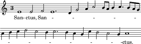 
\language "italiano"
melody = \relative do' {
  \override Staff.TimeSignature.style = #'single-digit
  \time 3/1
  \autoBeamOff
  mi1 mi2 fa mi1. \bar "" re4 sol2 \stemUp la4 do2 si8[ la] si4 do4. si8[ la sol] \bar "" \break
  \stemDown la4 si do re2 do si4 do2. si4 la \stemNeutral sol do si2 \once \stemDown la sol4 la1
}
text = \lyricmode {
   San- ctus, San -- \skip 1 \skip 1 \skip 1 \skip 1 \skip 1 \skip 1 \skip 1 \skip 1 \skip 1 \skip 1 \skip 1 \skip 1 \skip 1 \skip 1 \skip 1 \skip 1 \skip 1 \skip 1 \skip 1 \skip 1 \skip 1 \skip 1 \skip 1 -ctus.
}
\score {
  <<
    \new Voice = "mel" { \autoBeamOff \melody }
    \new Lyrics \lyricsto mel \text
  >>
  \layout {
    \context { \Staff \RemoveEmptyStaves 
                      \remove "Bar_engraver"
             }
    indent = 0\cm
    line-width = #120
    \override Score.BarNumber #'stencil = ##f
  }
  \midi { }
}
\header { tagline = ##f}
