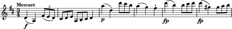 
\relative c'' {
  \version "2.18.2"
  \key d \major
  \time 3/4
  \tempo "Menuet"
  \tempo 4 = 100
  d,4 \f (a)  \tuplet 3/2 { fis'8 (e d) } \scaleDurations 2/3 { cis8 d e }  \scaleDurations 2/3 {a,8 b cis} d4 
  a''4\p (d,)  \scaleDurations 2/3 { d'8 cis b } 
  a4 (g) fis-!
  d'4\fp (b) \scaleDurations 2/3 { b8 cis d }
  d4\fp (gis,) \scaleDurations 2/3 { gis8 a b }
}
